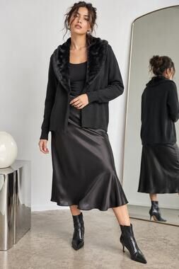 Laura Scott Black Faux Fur Collar Open Front Cardigan Sweater M